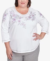 Alfred Dunner Plus Crystal Springs Embroidered Flower Crew Neck Top