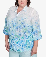 Alfred Dunner Plus St. Thomas Border Floral Button Down Top