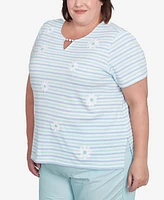 Alfred Dunner Plus St. Thomas Embroidered Daisy Striped Top