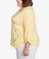 Alfred Dunner Plus Rise and Shine Sunny Floral Embroidered Split Neck Top