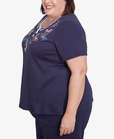 Alfred Dunner Plus Land of The Free Butterfly Crisscross Crew Neck Top