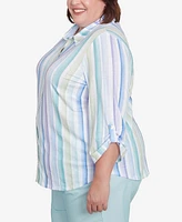 Alfred Dunner Plus St. Thomas Island Mint Stripe Knit Button Front Top
