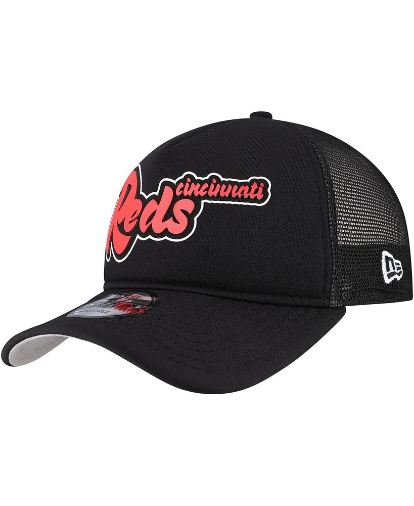 New Era Men's Black Cincinnati Reds Retro Bold A-Frame Trucker 9FORTY Adjustable Hat