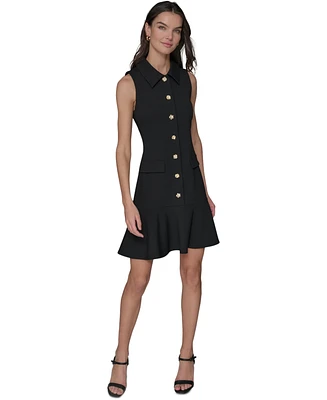 Karl Lagerfeld Paris Women's Flower-Button Collared Sleeveless Shift Dress