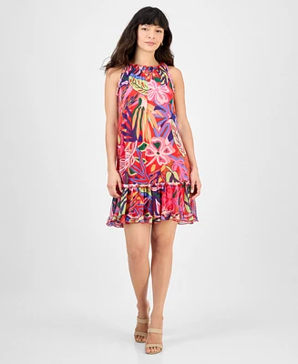 Robbie Bee Petite Printed Tie-Shoulder Mesh Dress