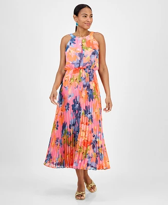 Robbie Bee Petite Printed Sleeveless Pleat-Skirt Maxi Dress