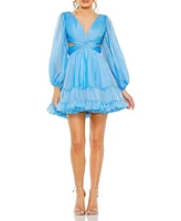 Mac Duggal Women's Long Sleeve Chiffon Cut Out Mini Dress