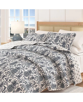 Linery & Co. Cotton Stitched Reversible Coastal 3 Piece Quilt and Sham Set