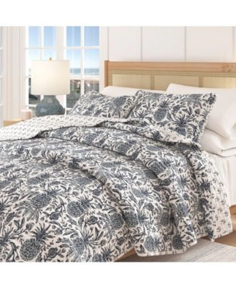 Linery Co. Cotton Stitched Reversible Coastal 3 Piece Quilt Sham Set