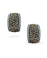 Bling Jewelry Bali Style Swirl Two Tone Wide Half Hoop Clip On Earrings Non Pierced Ears Black Oxidized Sliver Gold Plated Brass