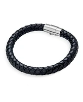 Bling Jewelry Black Stackable Woven Weave Braided Leather Bracelet Woven Bangle Bracelet Stainless Barrel Clasp
