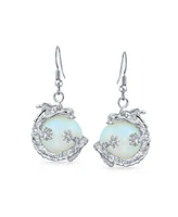 Bling Jewelry Fashion Statement Rainbow Crystal Opalite Translucent Round Ball Dangle Orb Asian Dragon Earrings Silver Plated