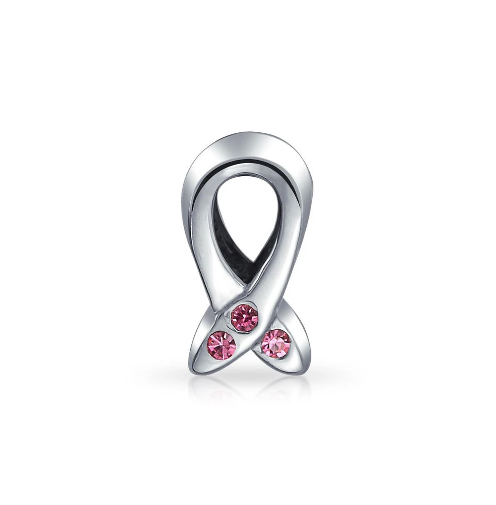 Bling Jewelry Empowering Pink Ribbon Breast Cancer Survivor 3 Cz Cubic Zirconia Charm Bead .925 Sterling Silver