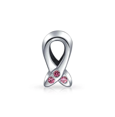 Bling Jewelry Empowering Pink Ribbon Breast Cancer Survivor 3 Cz Cubic Zirconia Charm Bead .925 Sterling Silver