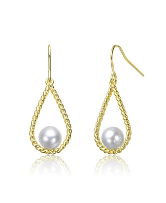 14K Gold Plated with White Pearl Twisted Teardrop Dangle Earrings
