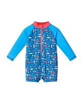 Andy & Evan Baby Boys Long Sleeve Navy Beach Print Swim Romper w/Hat