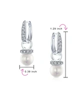 Bling Jewelry Imitation White Pearl Drop Cz Hoop Earring Silver Plated