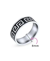 Bling Jewelry Geometric Ancient Fret Greek Key Pattern Flat Eternity Band Ring Black Silver Two Tone Stainless Steel 8MM