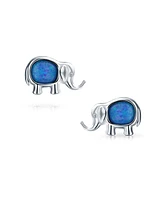 Bling Jewelry Lucky Dainty Created White Blue Opal Zoo Animal Lover Good Luck Elephant Dangle Stud Earrings .925 Sterling Silver Lever Back