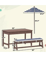 Qaba Kids Picnic Table, Wooden Table & Bench Set w Cushions, Umbrella,