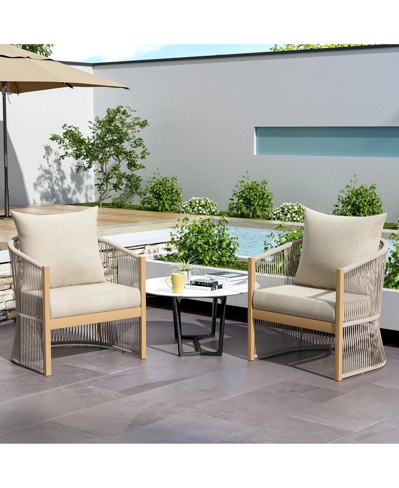 Modern beige curved aluminum lounge chairs, Rope weave, cushioned