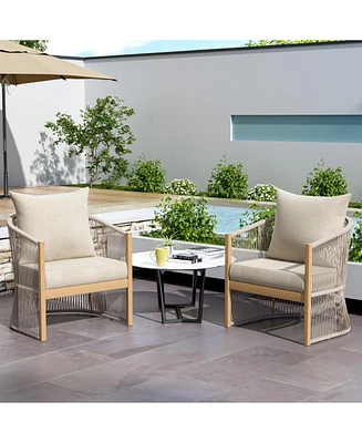 Modern beige curved aluminum lounge chairs, Rope weave, cushioned