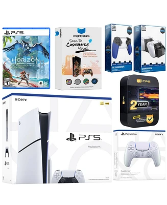 Sony Playstation 5 Slim Disc with Horizon Forbidden West, Extra Cobalt Blue Controller, Trigger Stop Kit, Charge Dock and MightySkins Decal Voucher +
