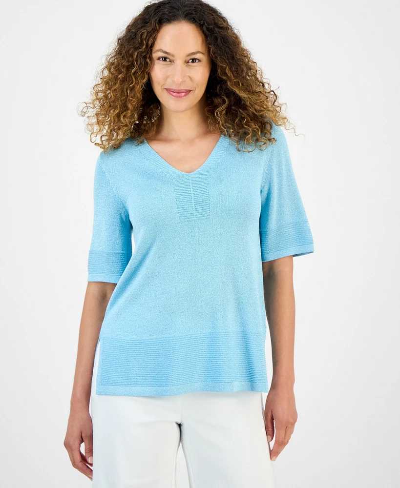 Jm Collection Petite Textured-Knit V-Neck Short-Sleeve Sweater, Exclusively at Macy's