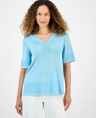 Jm Collection Petite Textured-Knit V-Neck Short-Sleeve Sweater, Exclusively at Macy's