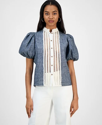 Cindy Castro New York Women's Evita Denim and White Lace Blouse