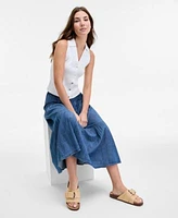 Nautica Jeans Womens Cotton Collared Sleeveless Sweater Three Tier Chambray Midi Skirt