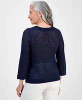 Style & Co Petite Open-Stitch 3/4-Sleeve Cotton Sweater, Exclusively at Macy's