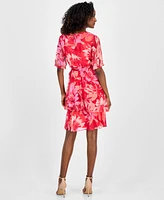Tahari Asl Petite Printed Tie-Waist Chiffon A-Line Dress