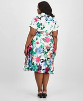 Tahari Asl Plus Printed Belted Midi Shirtdress