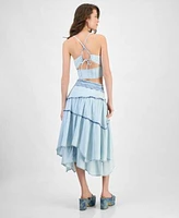 Guess Womens Nikki Denim Tie Back Cropped Top Tanya Layered Denim Maxi Skirt