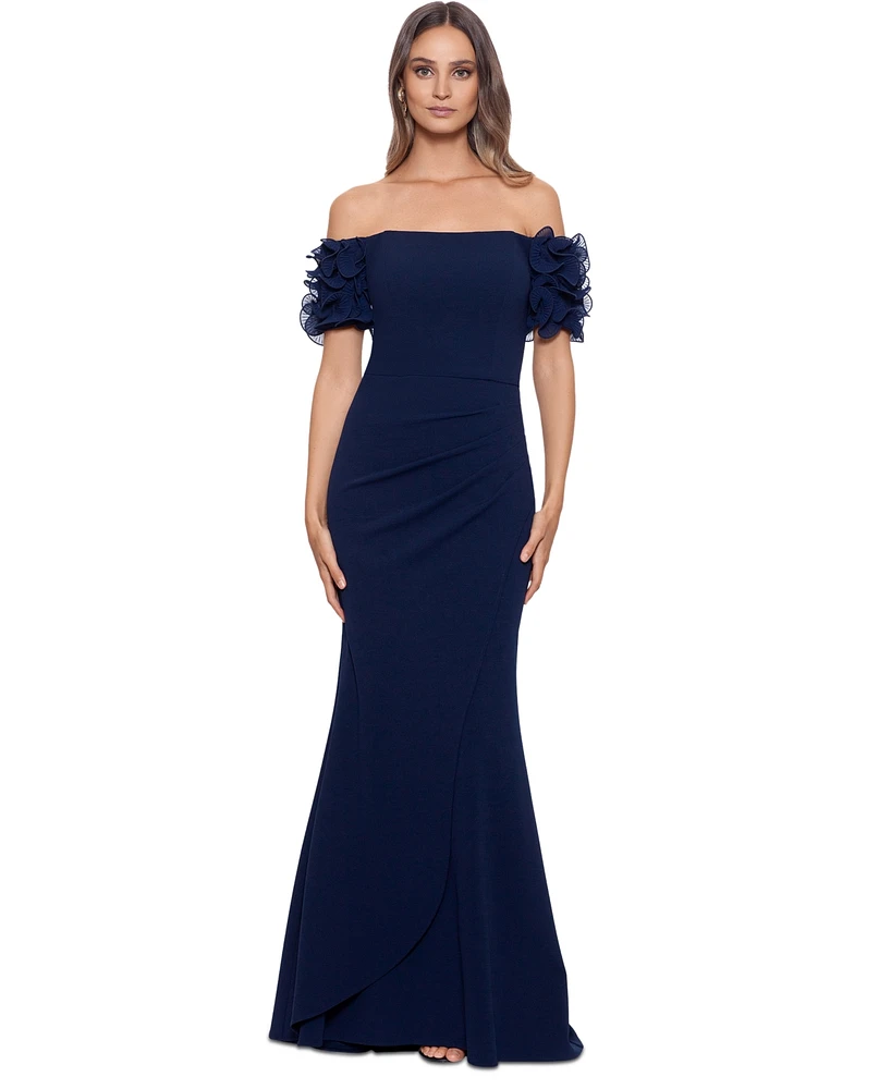 Xscape Petite Off-The-Shoulder Ruffled-Sleeve Gown
