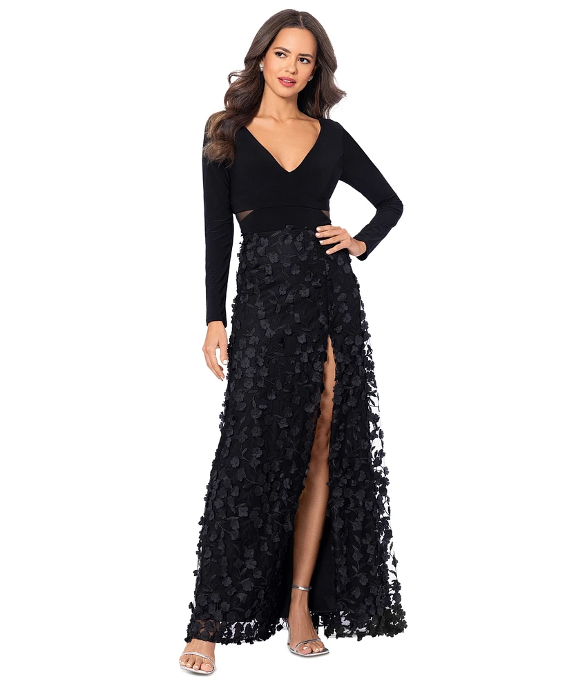 Xscape Mesh-Cutout Flower Gown