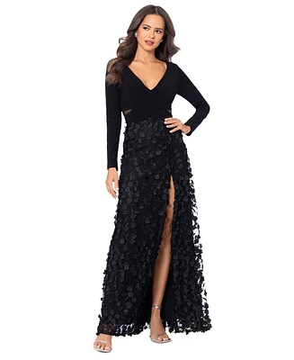 Xscape Mesh-Cutout Flower Gown