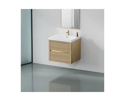 Casainc 24" Wall-Mounted Bathroom Vanity with Sink, Floating Storage Cabinet Stone Resin Countertop and Soft Close Drawers, Natural Oak