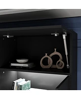 The Tv stand with nine cabinets for up to 75-inch TVs, an entertainment center with two light strips, and a black wooden media console