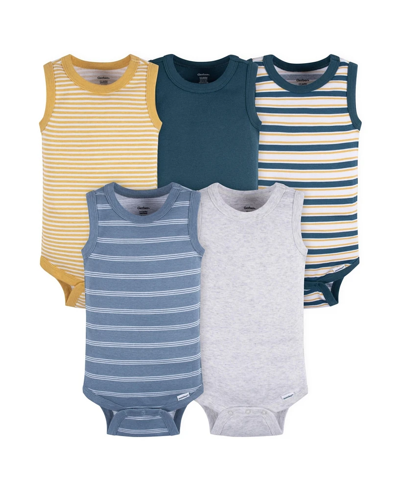 Gerber Baby Boys 5-Pack Sleeveless Onesies Bodysuits, Blue Stripe, 0-3 Months
