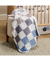 Lambs & Ivy Little Racer Soft Checkered Blue/White/Taupe Fleece Baby Blanket