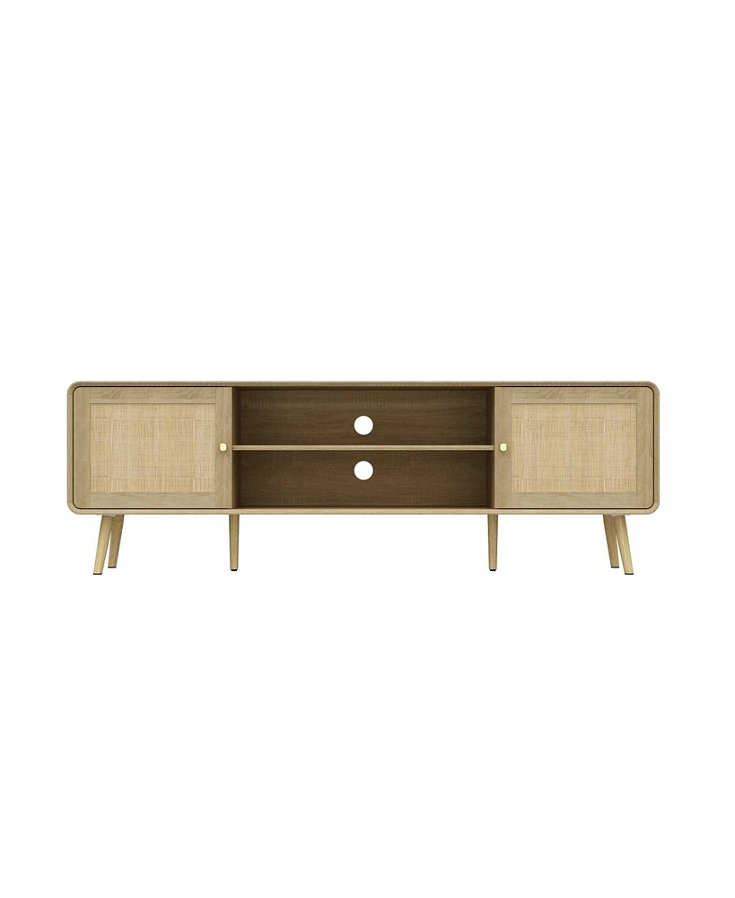 Tv stand with rattan door panels, media console with two doors and two compartments, entertainment center with legs