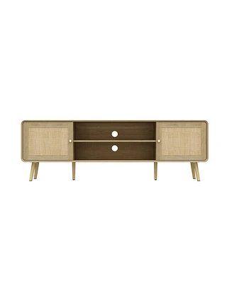 Tv stand with rattan door panels, media console with two doors and two compartments, entertainment center with legs