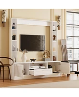 Tv stand with two doors and one drawer, media console with six fixed shelves, entertainment center in white wood