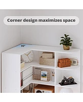 Corner Bookshelf and Bookcase with 2 Drawers and 10 Open Shelves