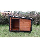 46"Dog House Outdoor & Indoor Wooden Dog Kennel for Winter with Raised Feet Weatherproof for Large Dogs(Gold red and black)Pvc waterproof roof(L)
