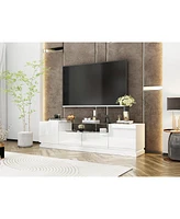 White Tv stand with two drawers and two doors, entertainment center with light strip, media console with drain box