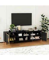 Black Tv stand with two doors, media console with metal handles and feet, multi-purpose wooden entertainment center