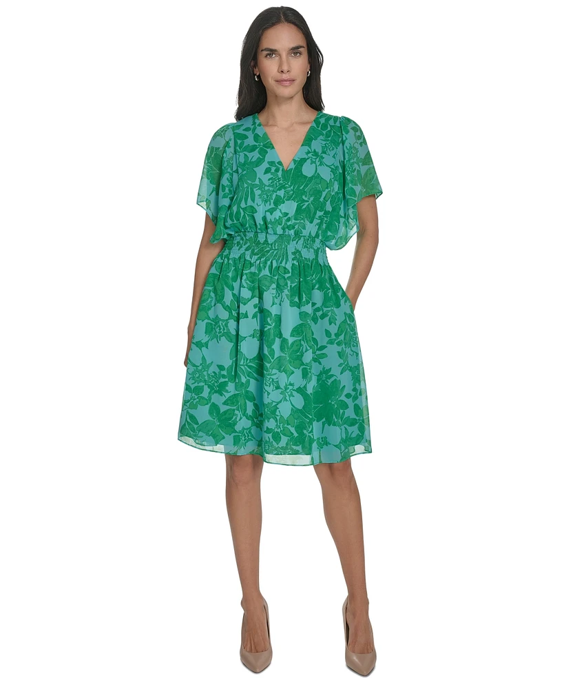 Jessica Howard Petite V-Neck Smocked-Waist Chiffon Dress